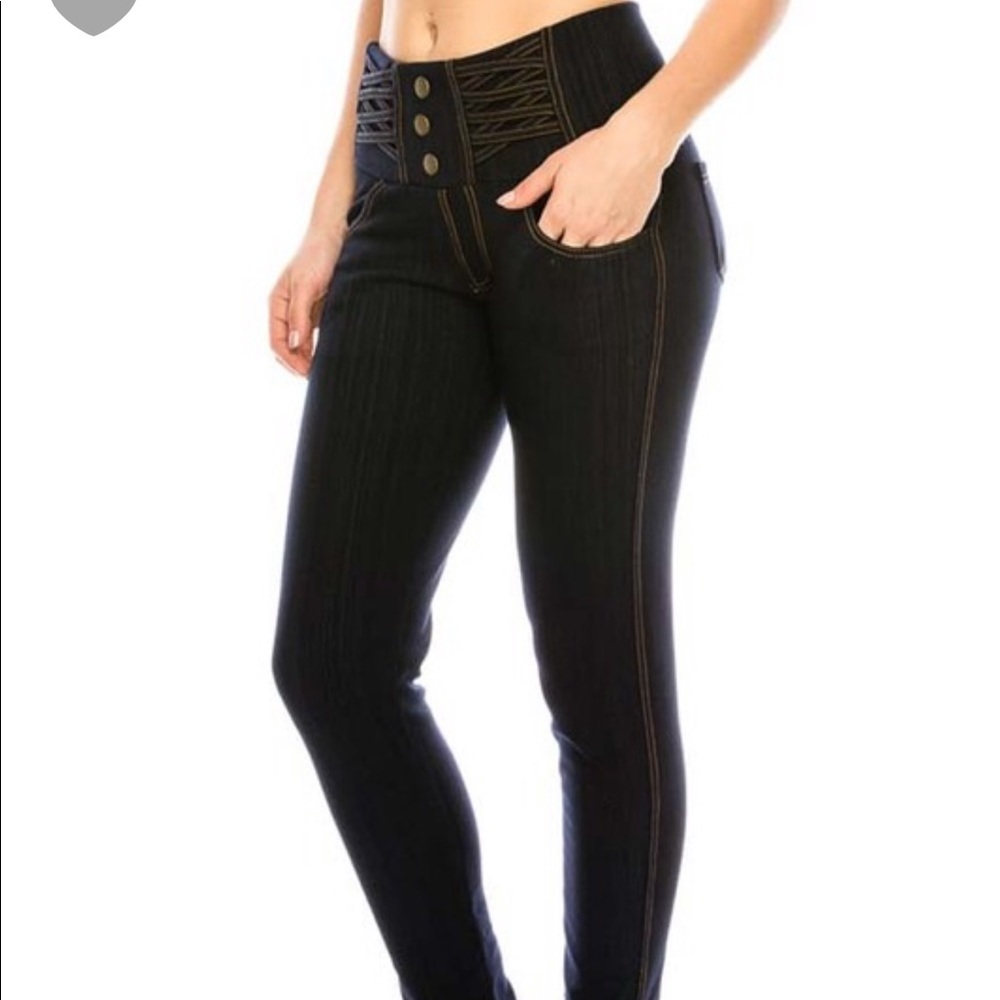 Detailed Stretch Waist Jeggings Blue Denim